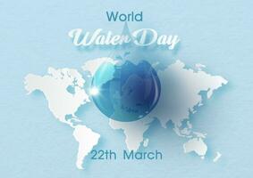 jätte vatten liten droppe i glas stil på värld vatten dag brev och värld Karta i papper skära stil och blå papper mönster bakgrund. affisch kampanj av vatten dag i vektor design.