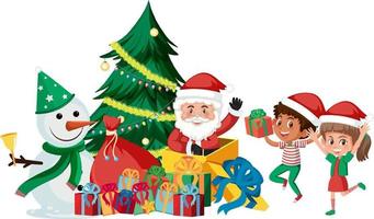jultomten med glada barn och julgran vektor