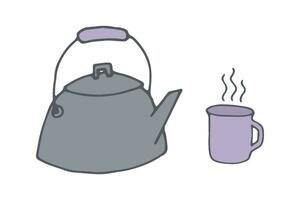 vektor te vattenkokare och råna med varm dryck. gammal metall tekanna och kopp camping. kök redskap. färgrik klotter teckning