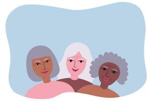 äldre kvinnor annorlunda races med grå hår, rynkor hand dragen vektor illustration. bakgrund kort för text med kvinnor ansikten av annorlunda hud färger. pensionering gemenskap livsstil skönhet hälsa