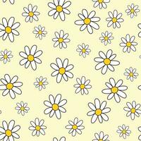 nahtlos Muster mit Kamille im Gekritzel Stil. Gänseblümchen Blume nahtlos auf Gelb Hintergrund. Blumen- Vektor Illustration zum drucken.