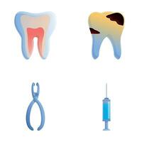 karies behandling ikoner uppsättning tecknad serie vektor. mänsklig tand och dental instrument vektor