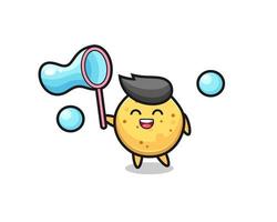 glücklicher Kartoffelchip-Cartoon, der Seifenblase spielt vektor