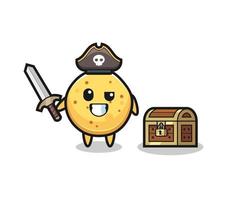 der Kartoffelchip-Piratencharakter, der ein Schwert neben einer Schatzkiste hält vektor