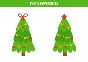 hitta 3 skillnader mellan två söta julgranar. vektor