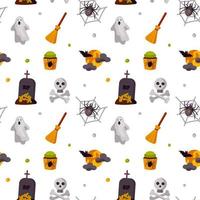 halloween sött sömlöst mönster med skalle och korsben, kvast, spöke, måne, fladdermus, spindel och grav. barn design för kläder, omslagspapper, textil, tyg, tapeter. vektor illustration