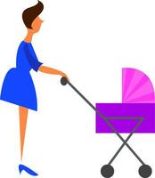 en mamma tryckande bebis vagn är klädd i en skön blå klänning vektor Färg teckning eller illustration