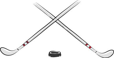 Vektor Illustration von zwei Weiß Eishockey Stöcke und schwarz Puck Weiß Hintergrund