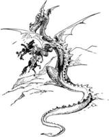 Drachen halten Ritter Pferd im Klaue Jahrgang Illustration. vektor