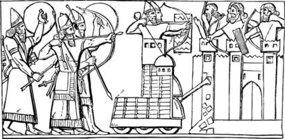 belägring av en stad med smetning Bagge av en hieroglyf skildrar, årgång gravyr. vektor