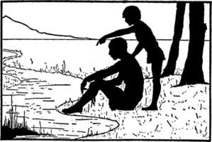 Mann Sitzung Kind Stehen in der Nähe von See, Jahrgang Illustration vektor