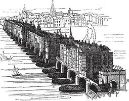 alt mittelalterlich London Brücke, im England, vereinigt Königreich, Jahrgang Gravur vektor