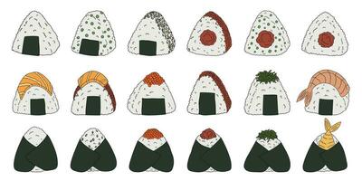 handgezeichnetes Onigiri-Clipart-Set. japanisches fastfood aus reis. Reisbällchen in Nori-Algen vektor