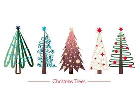 de uppsättning av fem platt enkel färgrik söt jul träd för xmas dekorationer vektor