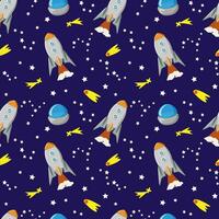 Rakete, UFO, Sterne und Sternbilder im Raum. nahtlos Muster - - Blau Hintergrund, Vektor Karikatur Illustration zum Hintergrund, Verpackung, Textil.