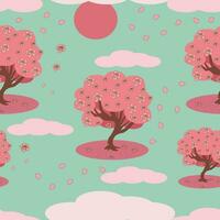 mönster av blomning rosa sakura träd, Sol, moln och kronblad vektor