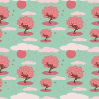 nahtlos Muster von Blühen Rosa Sakura Baum, Sonne, Wolken und Blütenblätter. Märchen Türkis Hintergrund, Vektor Karikatur Illustration zum Hintergrund, Verpackung, Textil-