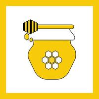 Honig Krug Zeichen Symbol und Honig Schöpflöffel mit Tropfen - - eben Vektor Illustration mit Gelb rahmen. Symbol auf das Thema von Honig und Bienenzucht