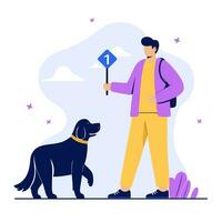 man och hund på ett utställning av tränad djur, platt vektor illustration.