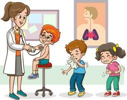 undersökning av sjuk barn förbi läkare barnläkare i sjukhus. kvinna läkare specialist innehav stetoskop och leende platt vektor illustration. pediatrik, medicinsk kolla upp i klinik, medicin begrepp