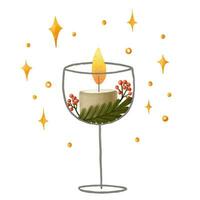 jul ljus i en vin glas. ljus med jul löv en vektor