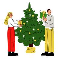 ein hell Paar gibt jeder andere Geschenke auf das Hintergrund von ein Weihnachten Baum. Vektor Kerl und Mädchen, Vektor eben Illustration von Öffnung Geschenke. geben Geschenke. ein Überraschung Geschenk Kasten. Weihnachten, Neu Jahr