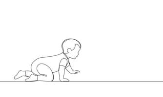 kontinuierlich einer Linie, das Baby kriecht auf alle Vierer. Seite Sicht. Gliederung Banner. Vektor Kontur linear Illustration