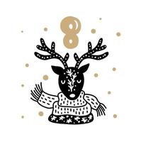 adventskalender med söt skandinavisk handritad vektor. tjugofyra dagar före jul. åttonde dagen. vinter illustration av nordiska rådjur vektor