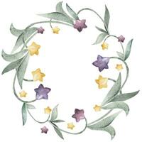 Aquarell Hand gezeichnet Illustration, magisch Star Blumen mit texturiert Wirkung. Kranz Rahmen Kreis Rand isoliert auf Weiß Hintergrund. zum Kinder, Kinder Schlafzimmer, Stoff, Bettwäsche drucken, Einladung vektor