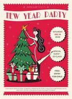 retro Neu Jahr Party Einladung. Neu Jahr Poster im Jahrgang Stil. 60er Jahre - - 70er Jahre Stil Weihnachten Poster mit Frau Charakter im rot coctail Kleid dekorieren mit Star Weihnachten Baum. vektor