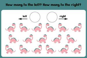 räkna på vilket sätt många dinos gå till de rätt och vänster logisk spel för barn vänster höger. Träning ark. vektor illustration