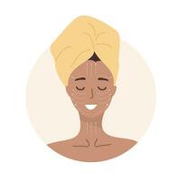 Gesichts- Massage. Frau Porträt mit lymphatisch Massage planen. Morgen Routine. Haut Pflege Konzept. Vektor Illustration im eben Karikatur Stil
