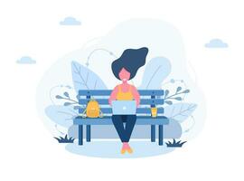 Frauen freiberuflich. Mädchen mit Laptop sitzt auf Bank im Park. konzeptillustration für die arbeit im freien, studium, kommunikation, gesunden lebensstil. vektorillustration im flachen stil. vektor