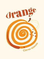 orange eller citrus- sinesis naturlig mat hög vitamin c. frukt affisch design vektor illustration isolerat på enkel vertikal gul bakgrund. enkel platt klotter minimalistisk tecknad serie konst styled teckning.