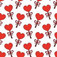 nahtlos Muster mit rot Lutscher Süßigkeiten im bilden Herzen und Verbeugungen. Valentinstag Tag Hintergrund. Vektor eben Illustration.