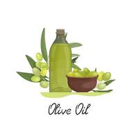 Aufkleber, Etikette oder Emblem mit ein Flasche von Olive Öl und ein Teller von Oliven. Verpackung oder Werbung Design zum Olive Geschäft und Öl vektor