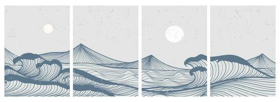 einstellen von Ozean Welle und Berge Landschaft. kreativ minimalistisch modern Linie Kunst drucken. mit Ozean Welle, Hügel und das Sonne. Vektor Abbildungen