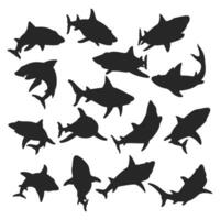 haj silhuett illustration, vektor samling av ond hajar simning