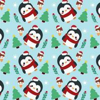 Weihnachten Pinguin Eis Sahne Muster. süß Muster Eigenschaften süß Pinguine, Weihnachten Bäume, und Eis Sahne auf ein Blau Hintergrund. vektor