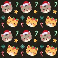 söt jul mönster funktioner förtjusande katter, stjärnor, och festlig jul element på en mörk bakgrund. vektor
