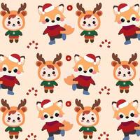 süß Weihnachten Muster Eigenschaften ein spielerisch Fuchs, ein Rentier, und Süßigkeiten Stock auf ein Hintergrund von Sanft Farben. vektor