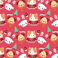 jul mönster funktioner söt katter, kaniner, och valpar på en röd bakgrund. vektor