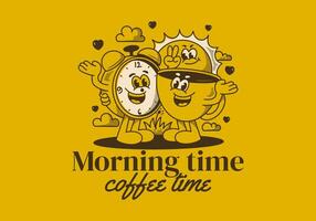 Morgen Zeit, Kaffee Zeit. Maskottchen Charakter von Kaffee Tasse, Alarm Uhr und ein Sonne vektor