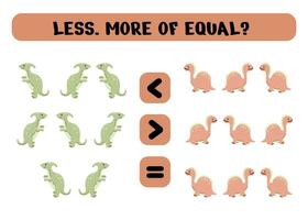 Anzahl Wie viele Dinosaurier sind auf das richtig und auf das links, wählen das richtig unterzeichnen. größer als, weniger als oder gleich Zu. ein Zählen Spiel zum Kinder im Vorschulalter vektor