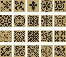 Vektor Gold und schwarz einstellen von uralt römisch Ornament Elemente. klassisch europäisch Teile von Muster. Lilien und Kronen