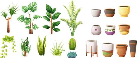 uppsättning, designer av blomma kastruller och inomhus- grön växter. orm växt, zz växt, Spindel växt, majestät handflatan, dracaena, gyllene pothos, monstera, ficus elastika, echeveria, kaktus vektor
