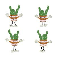 Karikatur Kaktus Pflanze im ein Topf Charakter Maskottchen im schwarz Sonnenbrille, Karikatur Zeichen Aufkleber. stachelig Pflanze im anders Posen, Aktionen und mit Gesicht Ausdrücke vektor