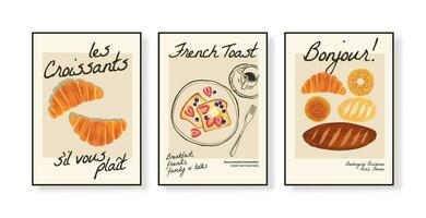 Bäckerei Hand gezeichnet Vektor Illustration im ein Poster Rahmen mit Französisch Zitate Croissants. Bitte und gut Morgen. Pariser Bäckerei. Kunst zum Poster Design, Postkarten, Marke, Hintergrund.