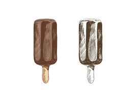 en ritad för hand färgad och svartvit skiss av is grädde, isglass på en pinne i choklad. årgång illustration. element för de design av etiketter, förpackning och vykort. vektor