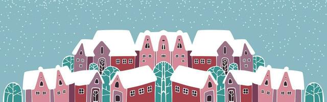 süß Weihnachten und Winter Häuser. schneebedeckt Nacht im gemütlich Weihnachten Stadt, Dorf Panorama. vektor